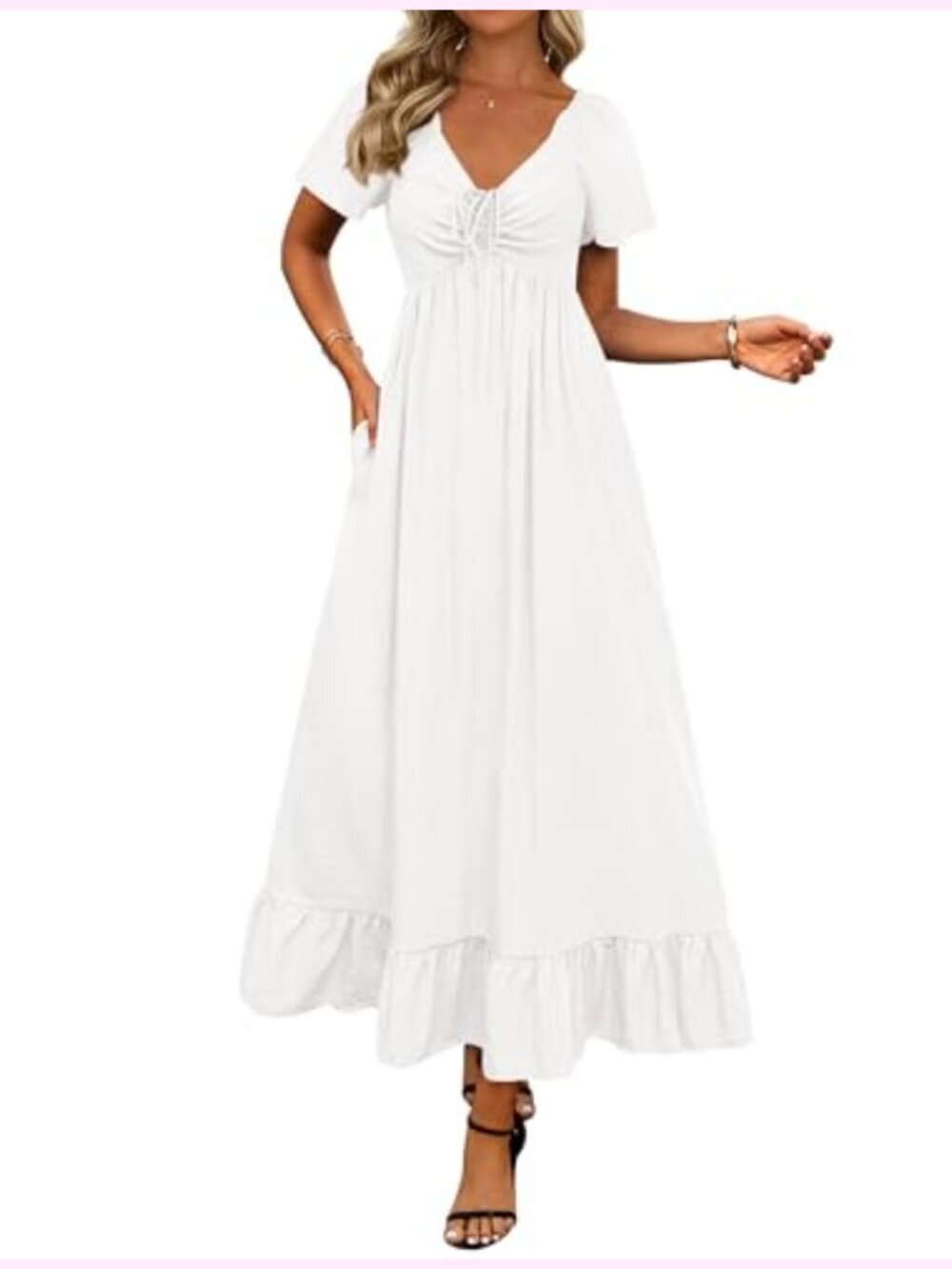 Women Summer Maxi Dress Short Sleeve V Neck Drawstring Smocked Back Tiered